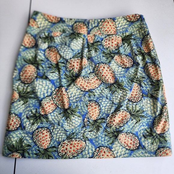 Talbots Pineapple Print Skirt Women's Blue Green Yellow Stretch Cotton Sz 12 - Picture 9 of 10